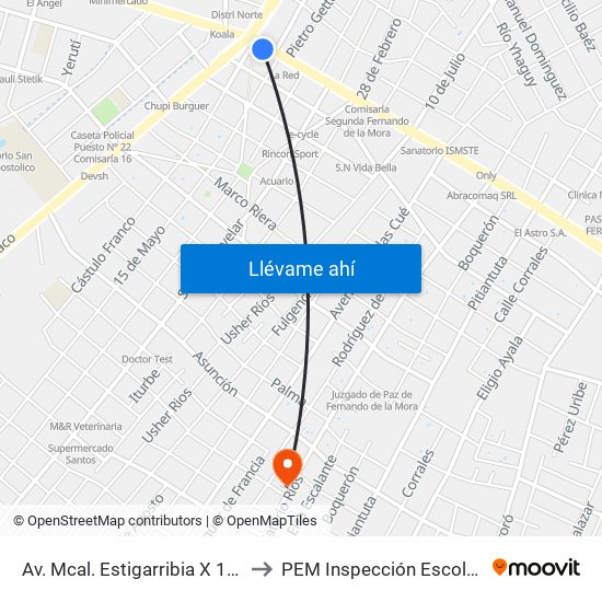 Av. Mcal. Estigarribia X 14 De Mayo to PEM Inspección Escolar Medica map