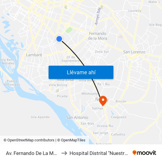 Av. Fernando De La Mora X Av. Argentina to Hospital Distrital "Nuestra Señora de Lourdes" map