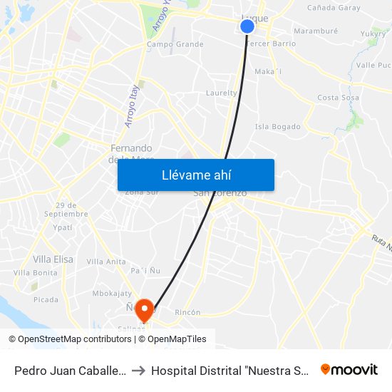 Pedro Juan Caballero X Herrera to Hospital Distrital "Nuestra Señora de Lourdes" map