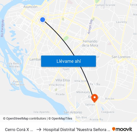 Cerro Corá X Aquino to Hospital Distrital "Nuestra Señora de Lourdes" map