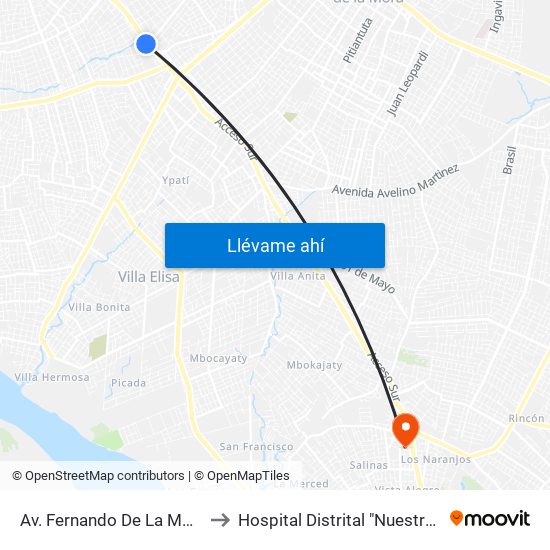 Av. Fernando De La Mora X De La Victoria to Hospital Distrital "Nuestra Señora de Lourdes" map