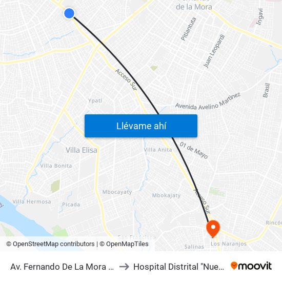 Av. Fernando De La Mora X Universitarios Del Chaco to Hospital Distrital "Nuestra Señora de Lourdes" map