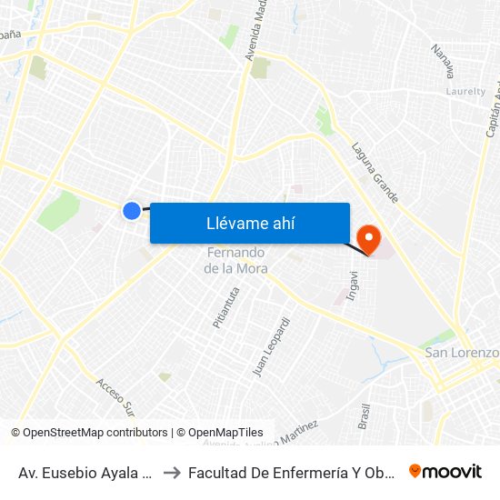 Av. Eusebio Ayala X Félix Lopéz to Facultad De Enfermería Y Obstetricia Fenob Una map