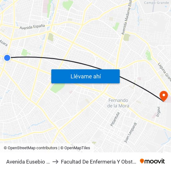 Avenida Eusebio Ayala, 995 to Facultad De Enfermería Y Obstetricia Fenob Una map