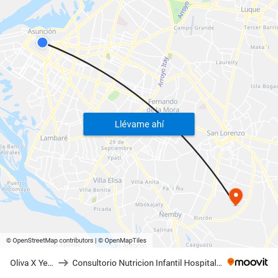 Oliva X Yegros to Consultorio Nutricion Infantil Hospital Acosta Ñu map