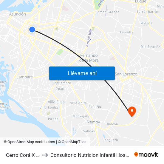 Cerro Corá X Aquino to Consultorio Nutricion Infantil Hospital Acosta Ñu map