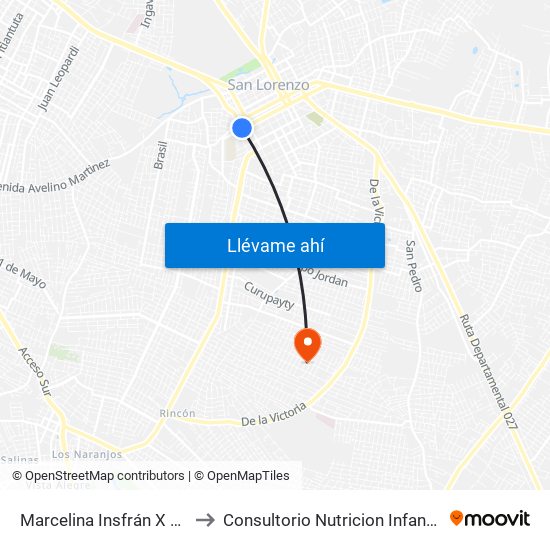 Marcelina Insfrán X Mcal. Estigarribia to Consultorio Nutricion Infantil Hospital Acosta Ñu map