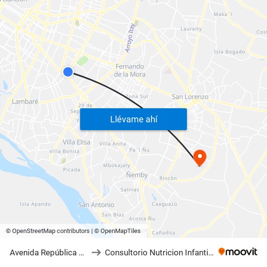 Avenida República Argentina, 3016 to Consultorio Nutricion Infantil Hospital Acosta Ñu map