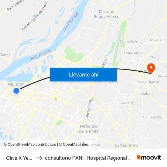 Oliva X Yegros to consultorio PANI- Hospital Regional de Luque map