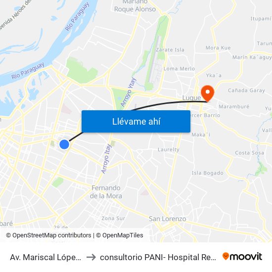 Av. Mariscal López X Bulnes to consultorio PANI- Hospital Regional de Luque map