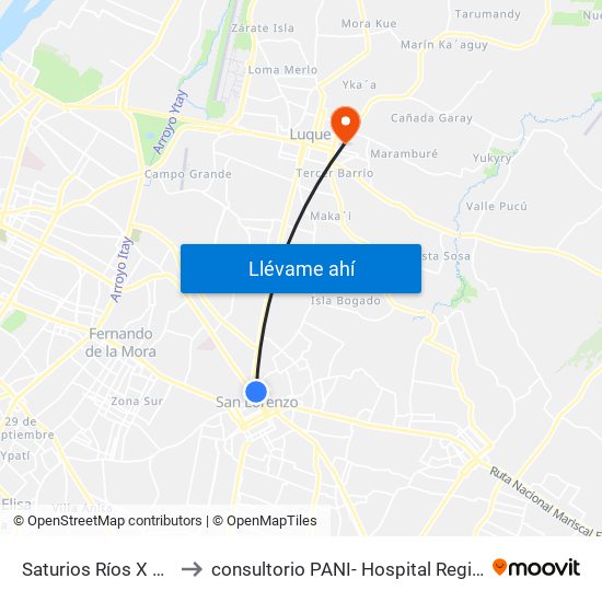 Saturios Ríos X Dr. Pellón to consultorio PANI- Hospital Regional de Luque map