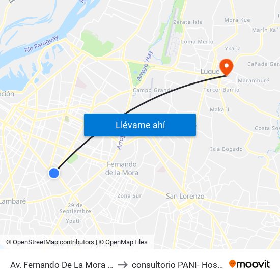 Av. Fernando De La Mora X Av. República Argentina to consultorio PANI- Hospital Regional de Luque map