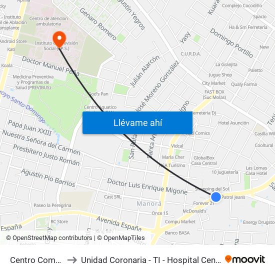 Centro Comercial to Unidad Coronaria - TI - Hospital Central de IPS map