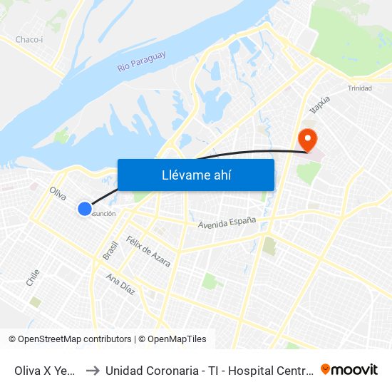 Oliva X Yegros to Unidad Coronaria - TI - Hospital Central de IPS map