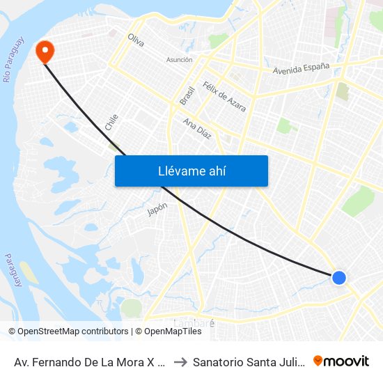 Av. Fernando De La Mora X De La Victoria to Sanatorio Santa Julia Asismed map