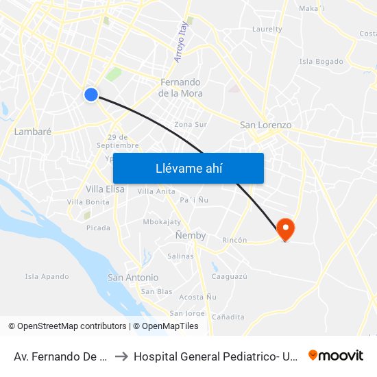 Av. Fernando De La Mora X Av. Argentina to Hospital General Pediatrico- Unidad De Cuidados Intensivos Polivalente map