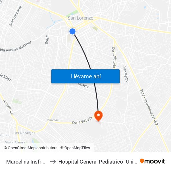 Marcelina Insfrán X Mcal. Estigarribia to Hospital General Pediatrico- Unidad De Cuidados Intensivos Polivalente map