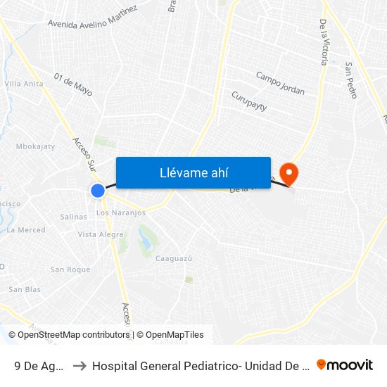 9 De Agosto, 345 to Hospital General Pediatrico- Unidad De Cuidados Intensivos Polivalente map