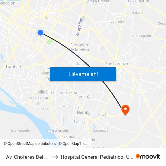 Av. Choferes Del Chaco X Av. Eusebio Ayala to Hospital General Pediatrico- Unidad De Cuidados Intensivos Polivalente map