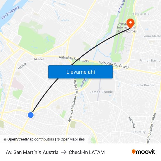 Av. San Martín X Austria to Check-in LATAM map