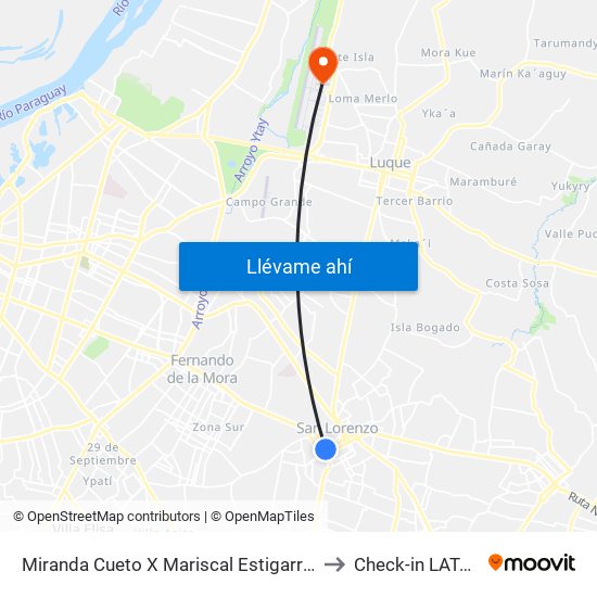 Miranda Cueto X Mariscal Estigarribia to Check-in LATAM map