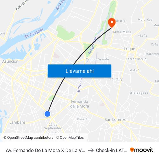 Av. Fernando De La Mora X De La Victoria to Check-in LATAM map