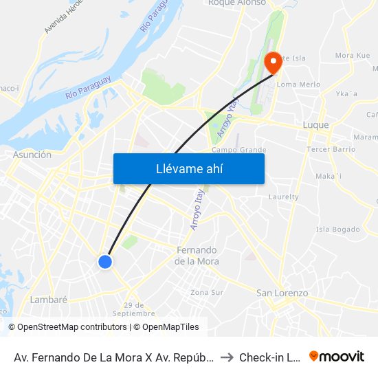 Av. Fernando De La Mora X Av. República Argentina to Check-in LATAM map