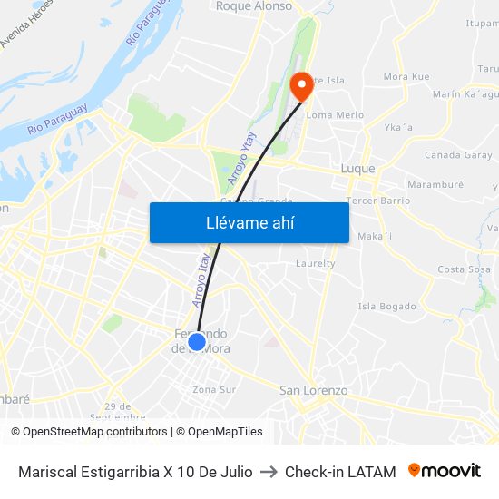 Mariscal Estigarribia X 10 De Julio to Check-in LATAM map