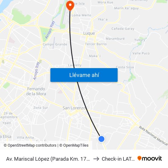 Av. Mariscal López (Parada Km. 17 (1/2)) to Check-in LATAM map