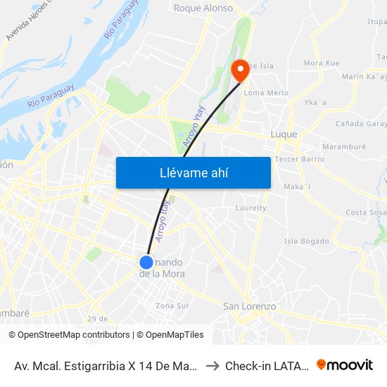 Av. Mcal. Estigarribia X 14 De Mayo to Check-in LATAM map