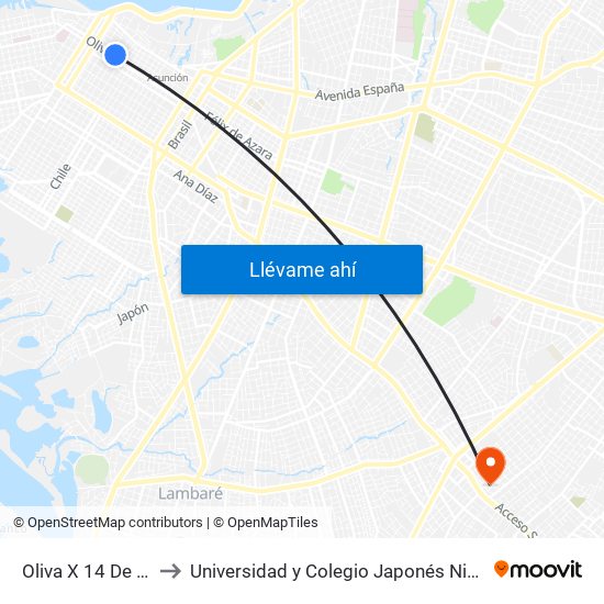 Oliva X 14 De Mayo to Universidad y Colegio Japonés Nihon Gakko map