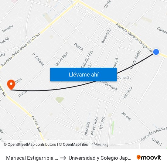 Mariscal Estigarribia X Atilio Galfre to Universidad y Colegio Japonés Nihon Gakko map
