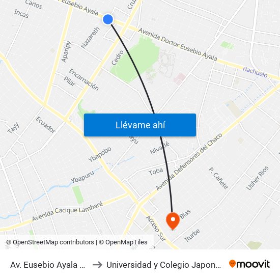 Av. Eusebio Ayala X Nazareth to Universidad y Colegio Japonés Nihon Gakko map