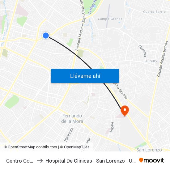 Centro Comercial to Hospital De Clinicas - San Lorenzo - UNA- Sala X - Cirugia map