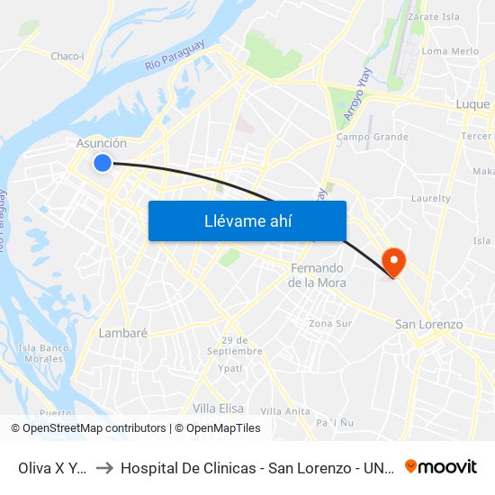 Oliva X Yegros to Hospital De Clinicas - San Lorenzo - UNA- Sala X - Cirugia map
