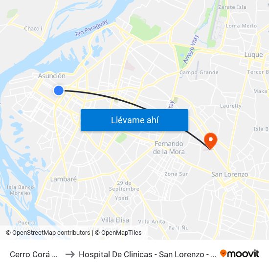 Cerro Corá X Tacuary to Hospital De Clinicas - San Lorenzo - UNA- Sala X - Cirugia map