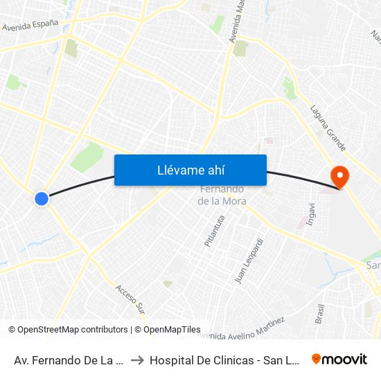 Av. Fernando De La Mora X Av. Argentina to Hospital De Clinicas - San Lorenzo - UNA- Sala X - Cirugia map