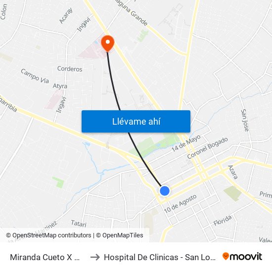 Miranda Cueto X Mariscal Estigarribia to Hospital De Clinicas - San Lorenzo - UNA- Sala X - Cirugia map