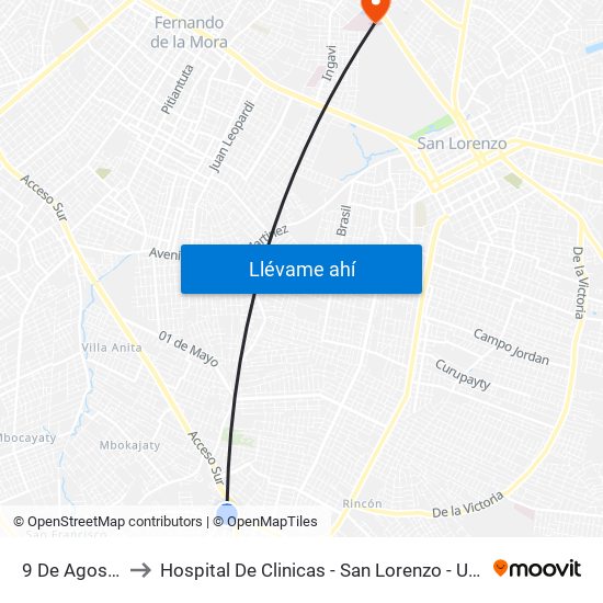 9 De Agosto, 345 to Hospital De Clinicas - San Lorenzo - UNA- Sala X - Cirugia map