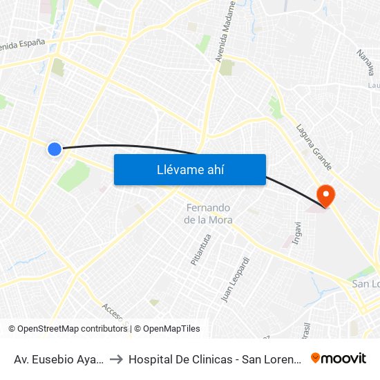Av. Eusebio Ayala X Nazareth to Hospital De Clinicas - San Lorenzo - UNA- Sala X - Cirugia map