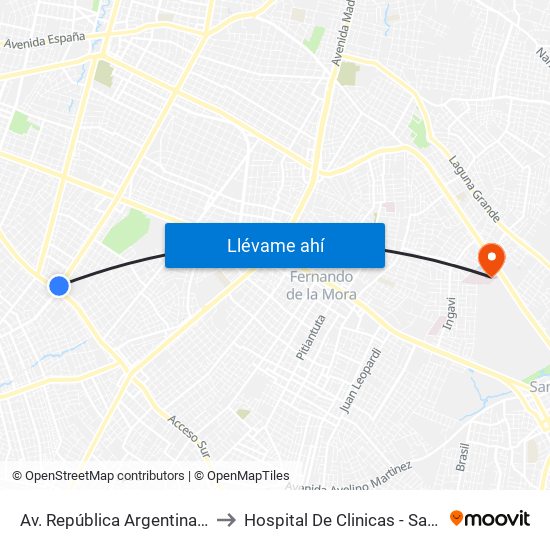 Av. República Argentina Y Av. Dr. Fernando De La Mora to Hospital De Clinicas - San Lorenzo - UNA- Sala X - Cirugia map