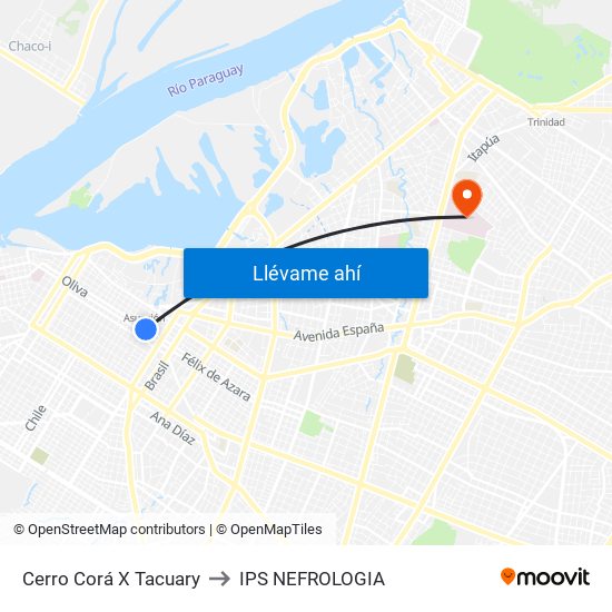 Cerro Corá X Tacuary to IPS NEFROLOGIA map