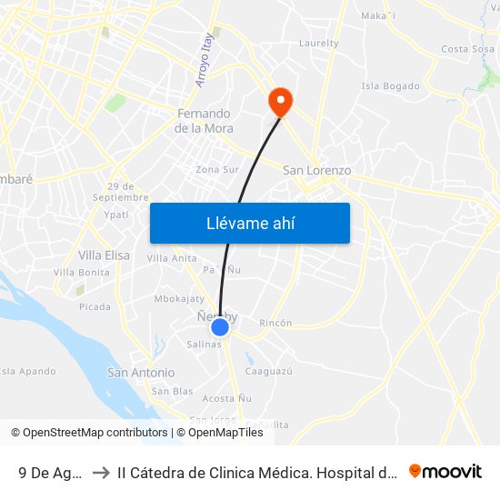 9 De Agosto, 345 to II Cátedra de Clinica Médica. Hospital de Clínicas. San Lorenzo. FCM-UNA map