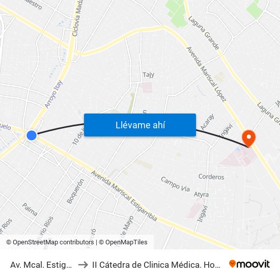 Av. Mcal. Estigarribia X 14 De Mayo to II Cátedra de Clinica Médica. Hospital de Clínicas. San Lorenzo. FCM-UNA map
