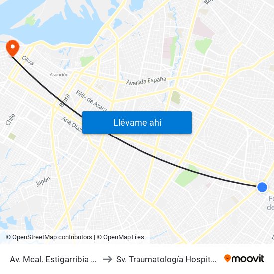 Av. Mcal. Estigarribia X 14 De Mayo to Sv. Traumatología Hospital Militar Central map