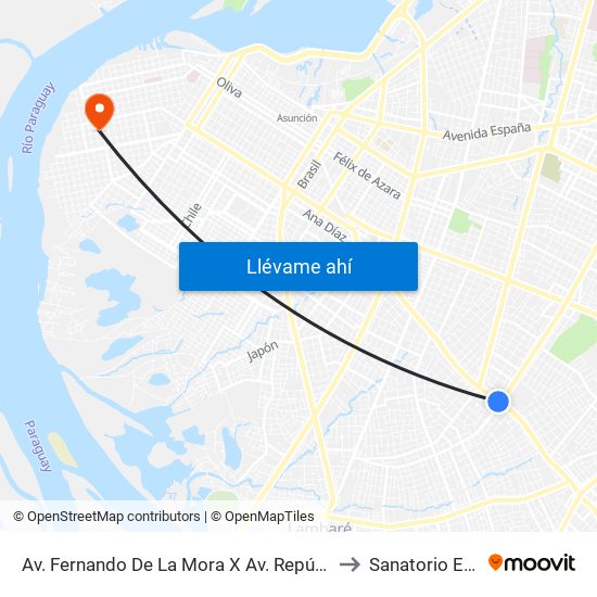 Av. Fernando De La Mora X Av. República Argentina to Sanatorio Español map