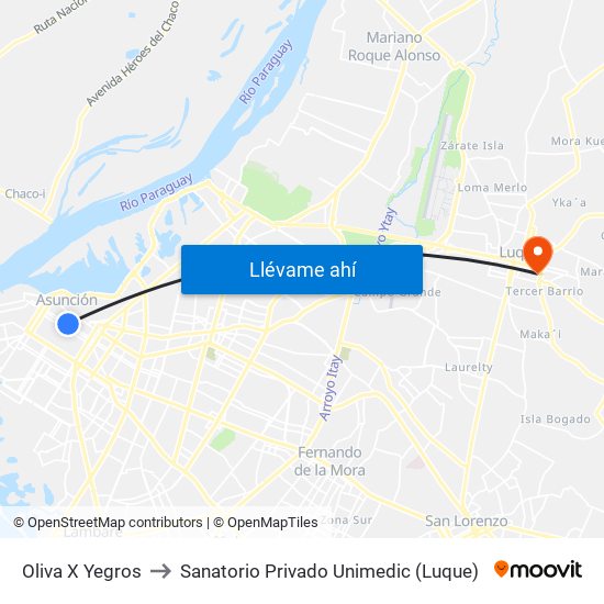 Oliva X Yegros to Sanatorio Privado Unimedic (Luque) map