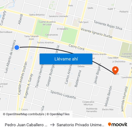 Pedro Juan Caballero X Herrera to Sanatorio Privado Unimedic (Luque) map