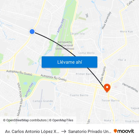 Av. Carlos Antonio López X Av. Eusebio Ayala to Sanatorio Privado Unimedic (Luque) map