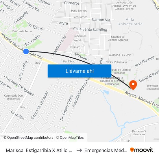 Mariscal Estigarribia X Atilio Galfre to Emergencias Médicas map